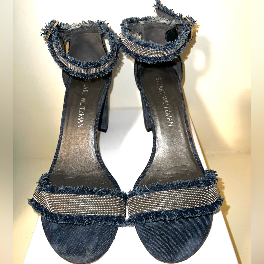 Stuart Weitzman Denim Chaingang Heels 211522-1 WOMENS SIZE 8